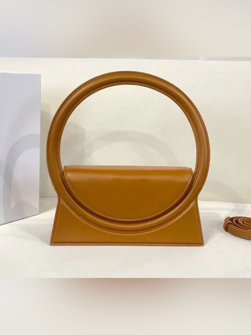 Women's Tan Circular Handle Leather Handbag